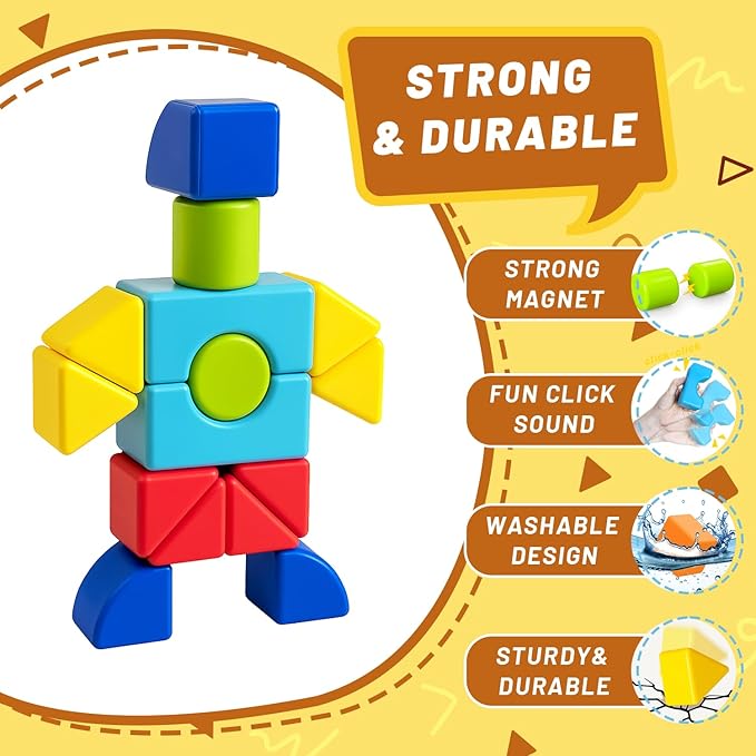 Magnetic Blocks for Kids 4-8, 24PCS Large Magnet Stacking Blocks with Multiple 3D Shapes, Montessori & Sensory Learning Toys, Magnetic Building Toys for Boys & Girls Ages 4+