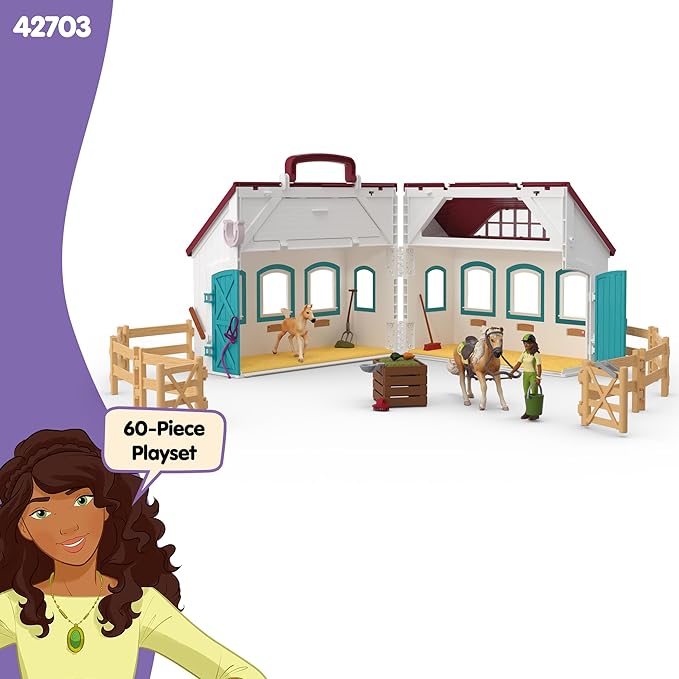 schleich Horse Club - 60PC Little Horseshoe Open Stable Playset - With 2 Horse Figurines, Action Figure, Stable and Accessories - Toy Horses for Girls and Boys - Kids Ages 5+ | 42703