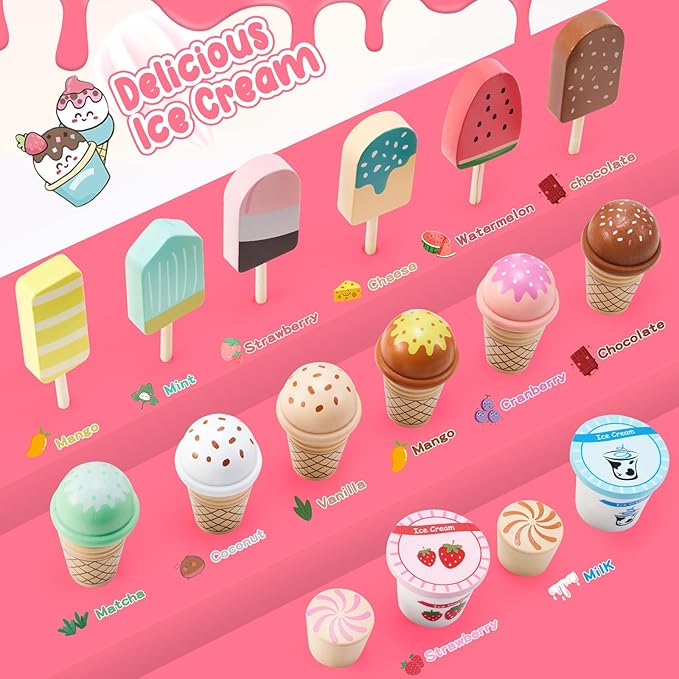 WHOHOLL Wooden Ice Cream Counter Playset for Toddler Girl Toys, Play Store Pretend Toy Food Play Kitchen Accessories with Fake Money & Coin, Gifts for 3+ Year-Old Kids (Pink)