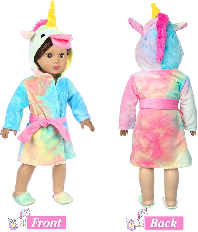 American 18 inch Doll Clothes and Sleeping Bag Set - Rainbow Unicorn Doll Costume with Unicorn Style Sleeping Bag, Pillow, Eye Mask Slumber Party Accessories