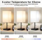 Plus Bedside Table Lamps Set of 2 - White Bedroom Lamps with 3 Colors, Square Nightstand Lamp with USB C + A Charging Ports and 2 AC Outlets, Pull Chain Night Light for End Table