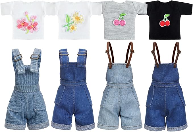 Bencailor 8 Pieces Christmas Doll Clothes for 11.5 Inch Doll Accessories Sweaters Denim Pant Summer Regular Outfit Clothing(T Shirt and Suspender Trousers)