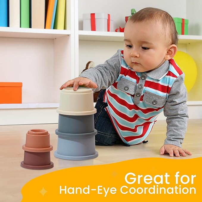 Stacking Cups Baby Toy Educational Cup Stacking Set 8-Pc Stackable Cups with Number Rainbow Nesting Cups for Babies 6-12 Months Stacking Cups for Toddlers 1-3 Perfect for Indoor/Outdoor