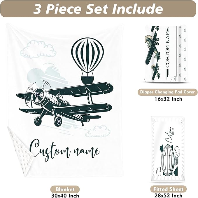 Personalized Baby Crib Bedding Set, Custom Name Glider Balloon Pattern Nursery Bedding Set 3 Pcs, Baby Blanket Fitted Crib Sheet Changing Pad Cover, Personalized Nursery Decor Gift for Newborns Boys