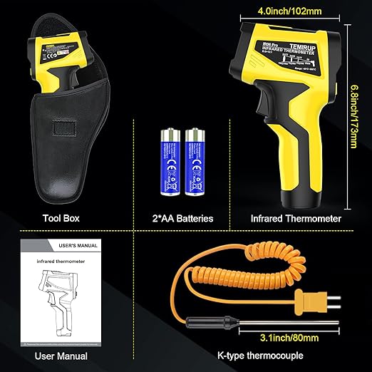 Infrared Thermometer Temperature Gun,-40°F to 1472°F, Non-Contact Digital IR Thermometer Temp Gun with Thermocouple Probe for Cooking, Pizza Oven, HVAC, Engine, Griddle, Adjustable Emissivity