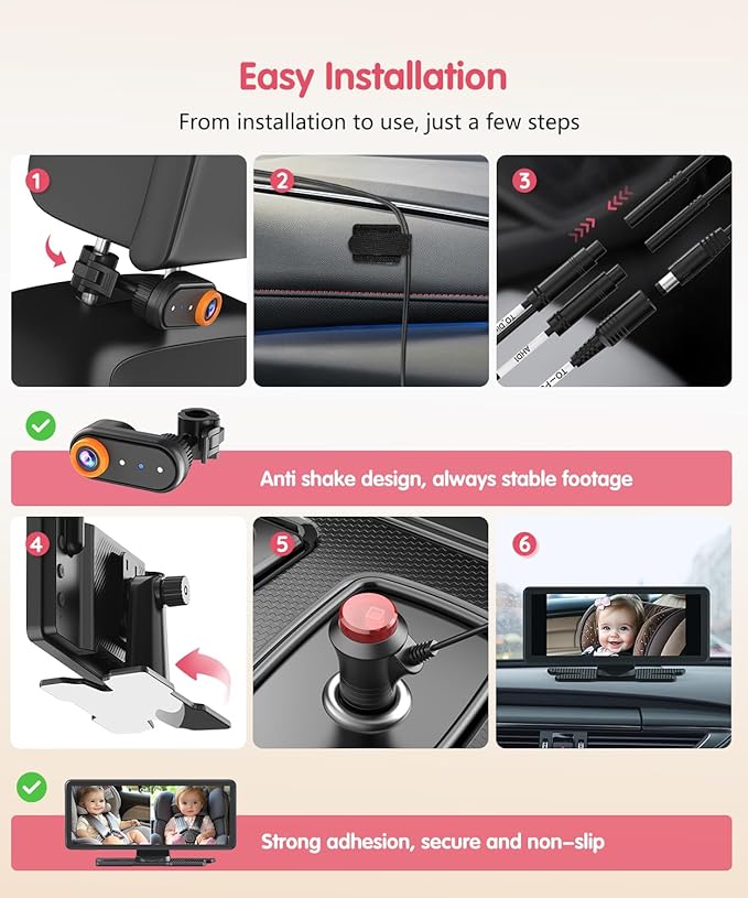 BM5PRO 7.2" 1080P HD Baby Car Camera for 2 Kids, Split Screen with IR Night Vision, Easy to Install & Adjust Brightness, Dual Car Camera Baby Monitor for Rear Seat Safety