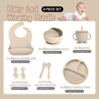 Baby Led Weaning Supplies, 8 Piece BPA-Free Silicone Feeding Set, Silicone Suction Bowl, Forks & Spoons, Bib & Cup, Develops Self Feeding Skills, Dishwasher Safe, for 6+ Months (Beige)