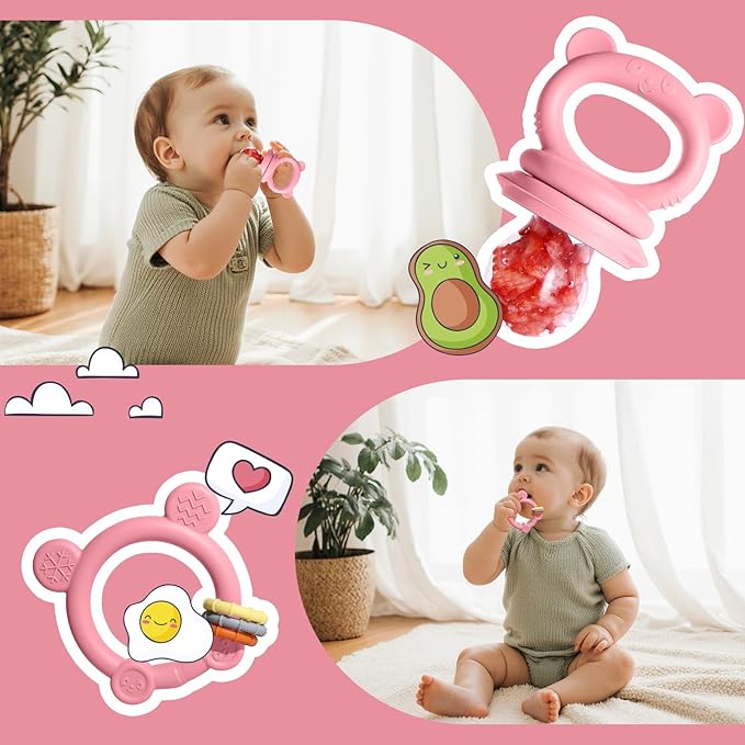 Baby Fruit Food Feeder & Breastmilk Popsicle Molds for Teething Relief, Baby Feeding Sets, 1 Freezer Tray with Lid & 1 Teether Toy & 1 Silicone Teething Pacifier Feeder, Extra Food Pouches (Pink)