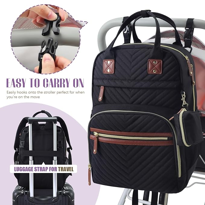 Tuwubi Diaper Bag Backpack, Baby Essentials Travel Tote Bag, Multi function Waterproof Backpacks, Travel Essentials with Stroller Straps & Pacifier Case - Black