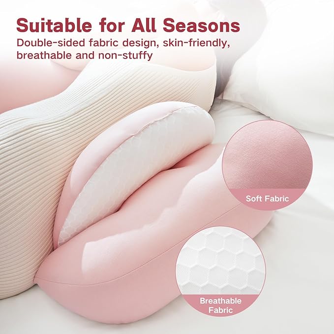 Pregnancy Pillow, Portable Maternity Pillow for Pregnant Women, Travel Wedge Pillow for Side Sleeper, Relief Body Pillow Support for Back, Belly, Waist, Removable & Adjustable Cover, Pink