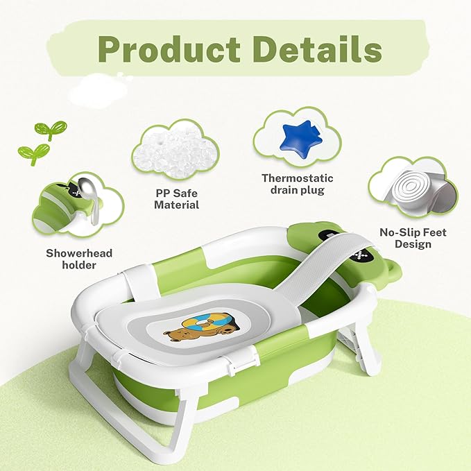 AVIDOR Baby Bathtub,Collapsible Bathtub for Newborn to Toddler,Durable Essential Infant Bath Tub,Portable Travel Baby Tub with Soft Cushion,No-Slip Hanging and Detachable(Green)