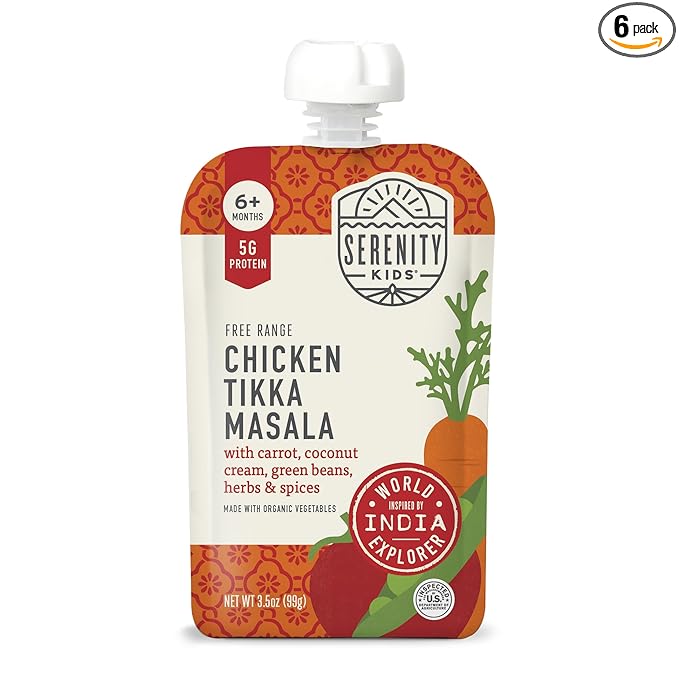 Serenity Kids 6+ Months Toddler Food Pouches - 3.5 oz, Pack of 6-5g Protein & Baby Food Protein Pouches - Chicken Tikka Masala & Chicken Puree - Quick Toddler Meals & Baby Snacks