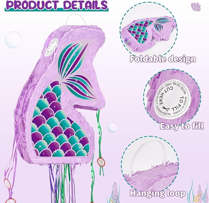 WERNNSAI Foldable Mermaid Piñata - Pull String Mermaid Birthday Party Supplies Mermaid with Blindfold Bat and Tassels Mermaid Party Decoration Games Folding Purple Mermaid Piñatas for Classroom Game