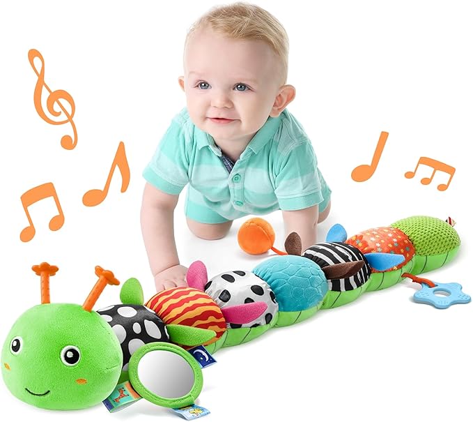 LIGHTDESIRE Baby Toys Musical Caterpillar,Infant Toys Stuffed Animals with Ruler Design,Mirror,Pull String&Ring Bell,Baby Teething Toys for Tummy Time Toys Newborn Gift 3 6 12 Months(Green,Leafy Limb)