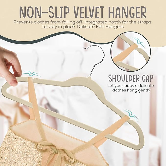 50 Premium Kids Velvet Hangers - 14" Non-Slip Clothes Hangers for Kids & Preteens - Ultra Slim, Space-Saving, Strong & Durable Hangers with 360° Swivel Hook - Ivory