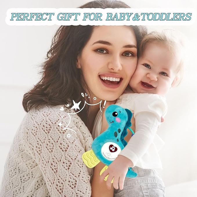 Baby Musical Activity Soft Toys with Sound & Light, Sensory Toys for Infant Developmental with Teether, Rattle and Textures, Soft Plush Toy for Newborn Gift 6 to 12 Months (Blue Dinosaur)