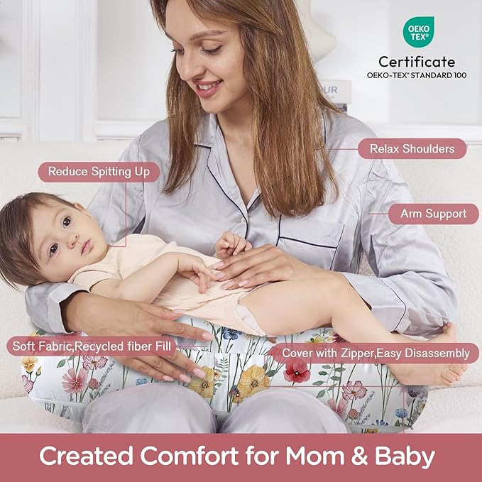 Little Grape Land Nursing Pillow,Upgraded Breast Feeding Pillow for Mom,Breastfeeding & Bottle Feeding for 0–16 Months, Soft Machine Washable Cover with Firm Breathable Filling, Tummy Time,Flower