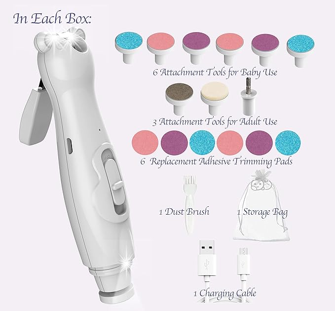Royal Angels Rechargeable Baby Nail Clippers 20 in 1, Safe Electric Nail Trimmer, Baby Nail Kit, Additional Replacements, Newborn Toddler Toes and Fingernails, Trim and Polish (Rechargeable, Snow)
