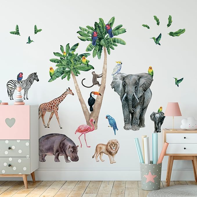 Safari Animal Wall Decals for Kids by Lipastick-Peel and Stick Jungle Stickers Giraffe, Elephant, Hippo, Palm Tree, Parrot for Toddlers Room, Nursery, Playroom, Classroom, Daycare Decor Art- M Size