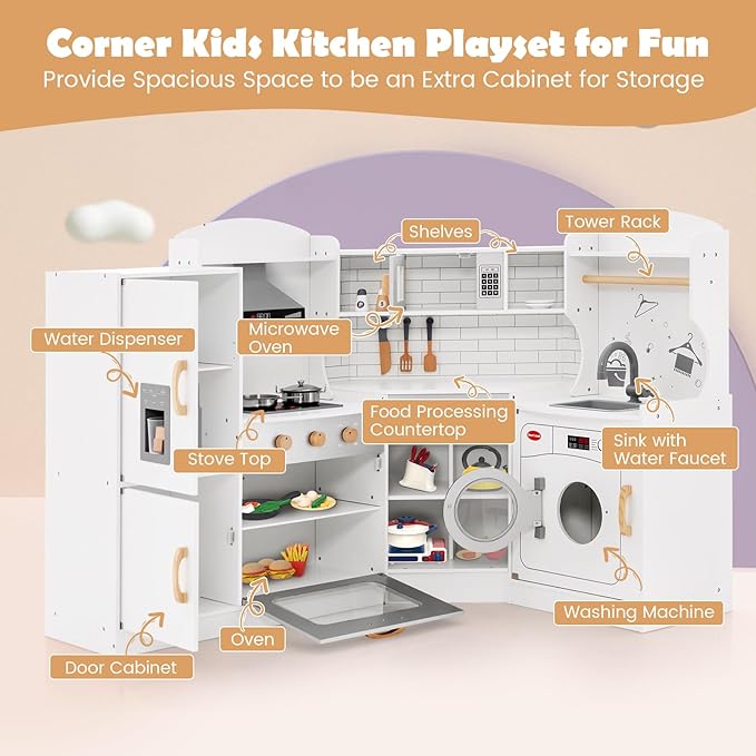Costzon Corner Kids Kitchen Playset, Wooden Play Kitchen with Sounds & Lights, Washing Machine, Range Hood, Ice Maker, Microwave, Oven, Sink, Pretend Toy Kitchen Set for Toddler, Gift for Boys Girls