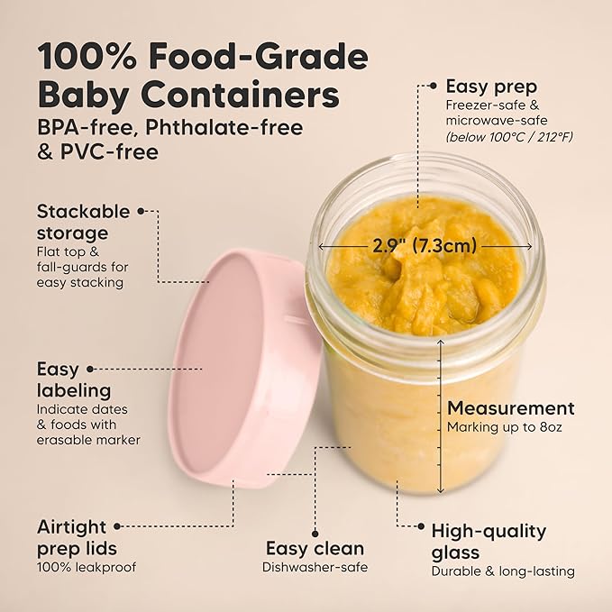 KeaBabies 4pk 8oz Glass Baby Food Containers with Lids - Leak-Proof, Microwavable Small Glass Jars, Baby Purees & Toddler Snack Storage Containers, BPA-Free, Dishwasher & Freezer Safe (Roseate)