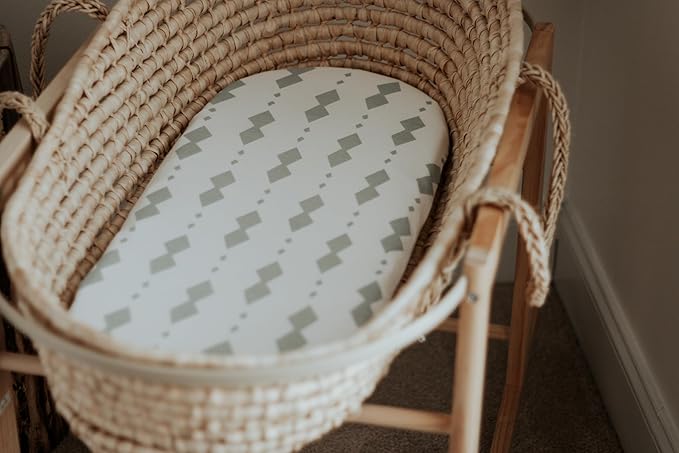 Bassinet Sheets Fitted Cover - Flexible Fit 100% Soft Jersey Knit Cotton - Neutral Grey Sage Diamond - 2 Pack Set