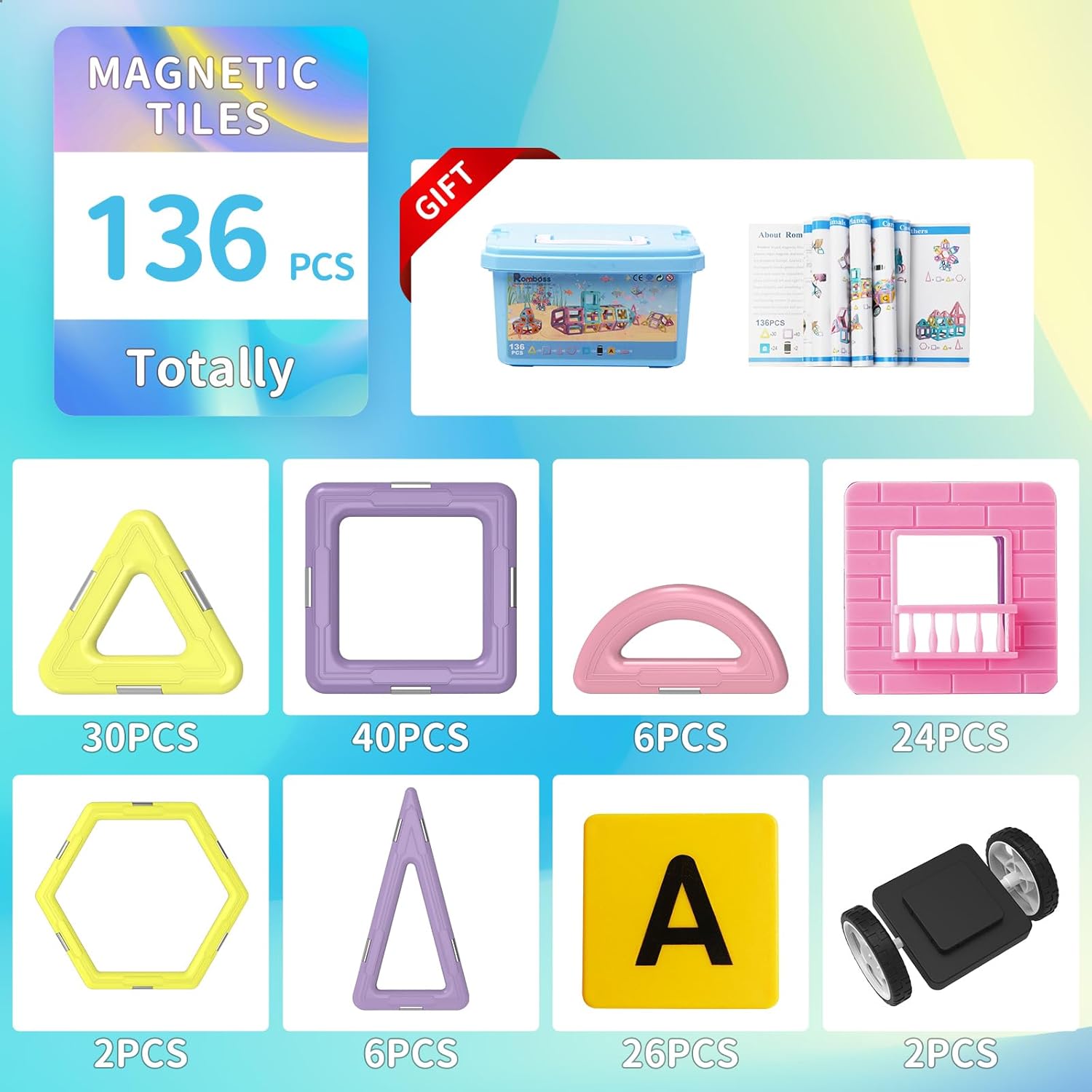 Magnetic Tiles Building Blocks Toys for Kids, 136 Pieces 3D Creative Castle Construction Magnetic Stacking Set Preschool Intelligence STEM Toys for Girls Boys Age 3years and Up (Educational Set)