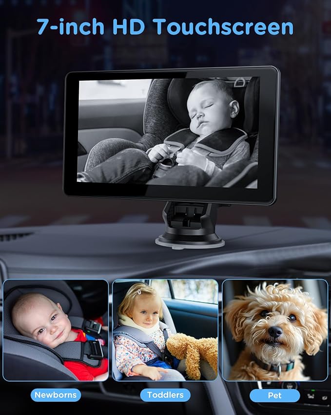 Baby Car Monitor for Backseat, 7" Touchscreen Camera Baby Camera with USB Plug and Play Easy Setup, 150° Wide Angle, Night Vision, Flexible 360 Rotation