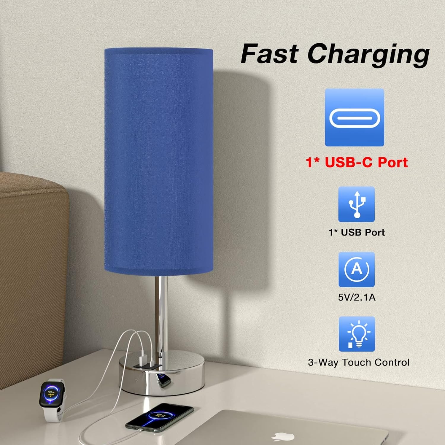 Navy Blue Touch Lamp for Boys - Small Nightstand Lamp with USB-C and USB Charging Ports, 3 Way Dimmable Bedside Table Lamp with Fabric Shade Silver Base for Nursery, Dorm, Office, Reading