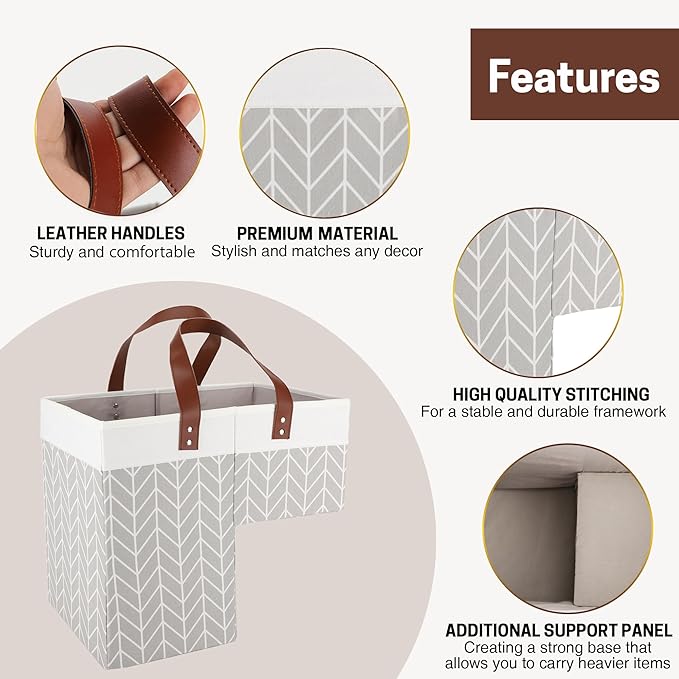 SAM AND MABEL Stair Basket with Chevron Pattern – 16”L x 9.5”W x 16”H Staircase Basket with Handles, Foldable Stairway Storage Organizer for Home Office Decor (Smart Gray-White)