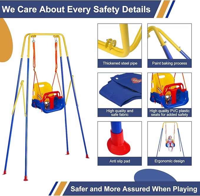 Toddler Swing Set, 3-in-1 Baby Swing Outdoor/Indoor, Toddler Swing&Jumper with Foldable Metal Stand, Baby Swing Outdoor for Aged 6 Months to 10 Years Old