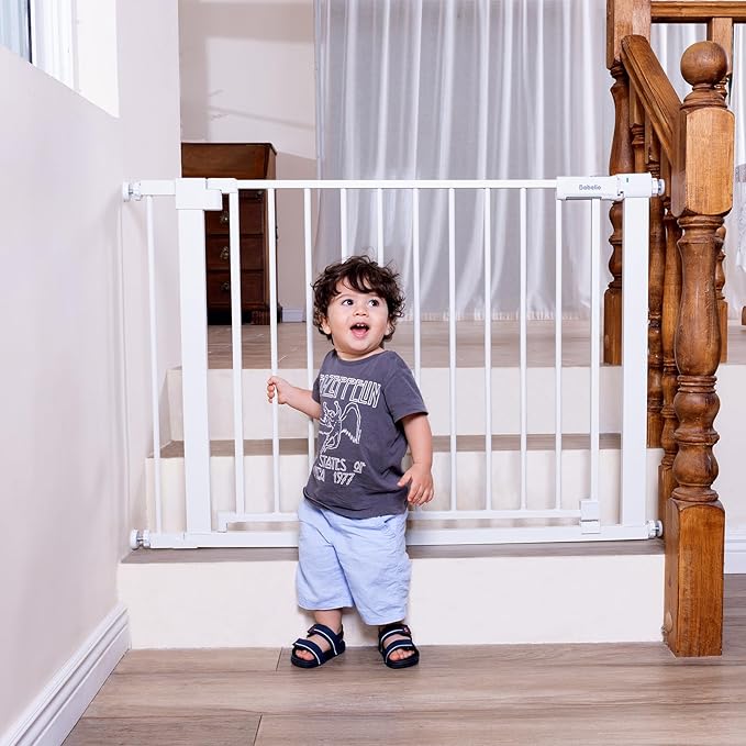 BABELIO Baby Gate for Doorways and Stairs, 41-46" Pet Gate with Wide Walk Thru Door and Lock Indicator, No Drill Pressure Mounted Safety Gate with Double Lock and Self-Closing, White