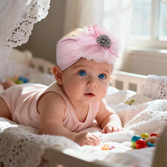 Baby Girls Sunflower Headbands, 3 Pack Baby Hairband Hair Bows Lace and Stretchy Elastic Accessory for Newborn Infants Toddlers (Purple+Blue+Pink, One Size(Stretchy))