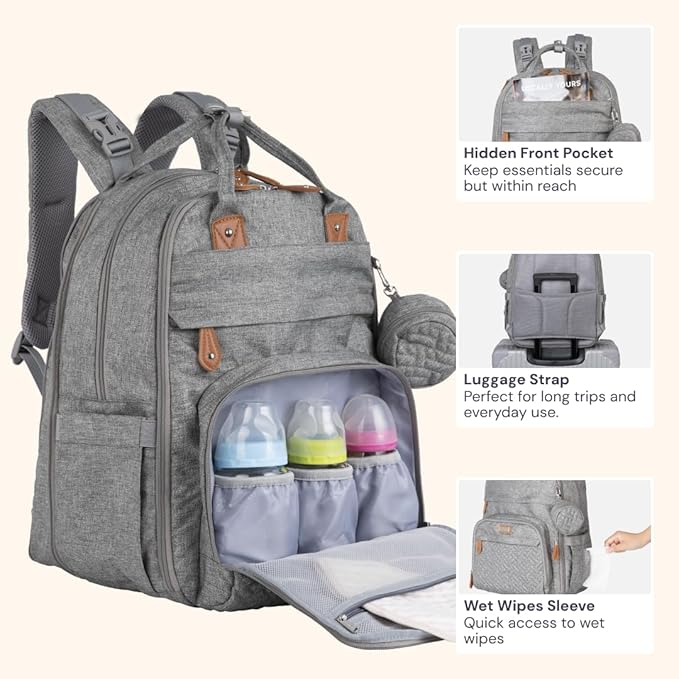 BabbleRoo Extra Large Diaper Bag Backpack, Expandable Baby Bag with Up to 50% More Capacity - Travel Essentials Baby Bag Tote with Changing Pad, Stroller Straps & Pacifier Case - Unisex, Light Gray