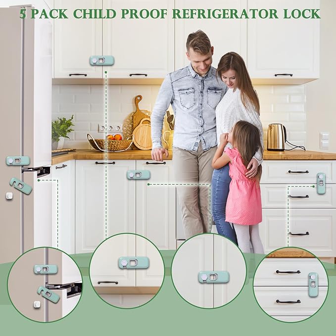 5Pack Child Proof Refrigerator Lock, Baby Proofing Cabinet Locks, oven lock child safety, fridge lock, for Fridge, Drawers, Dishwasher, Oven, Cupboard, Closet, Adhesive, No Tools Need(Green)