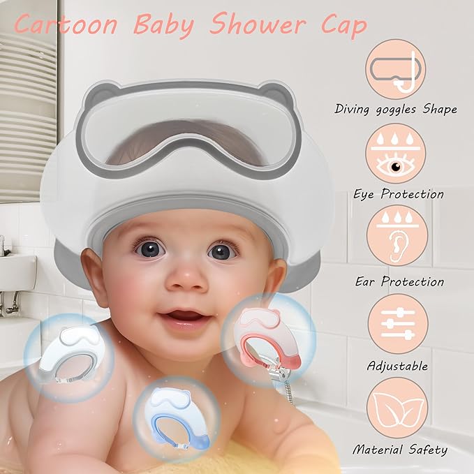 Baby Shower Cap Shield, Shower Cap for Kids, Visor Hat for Eye and Ear Protection for 0-9 Years Old Children, Cute diving goggle Shape Makes The Baby Bath More Fun (Grey)