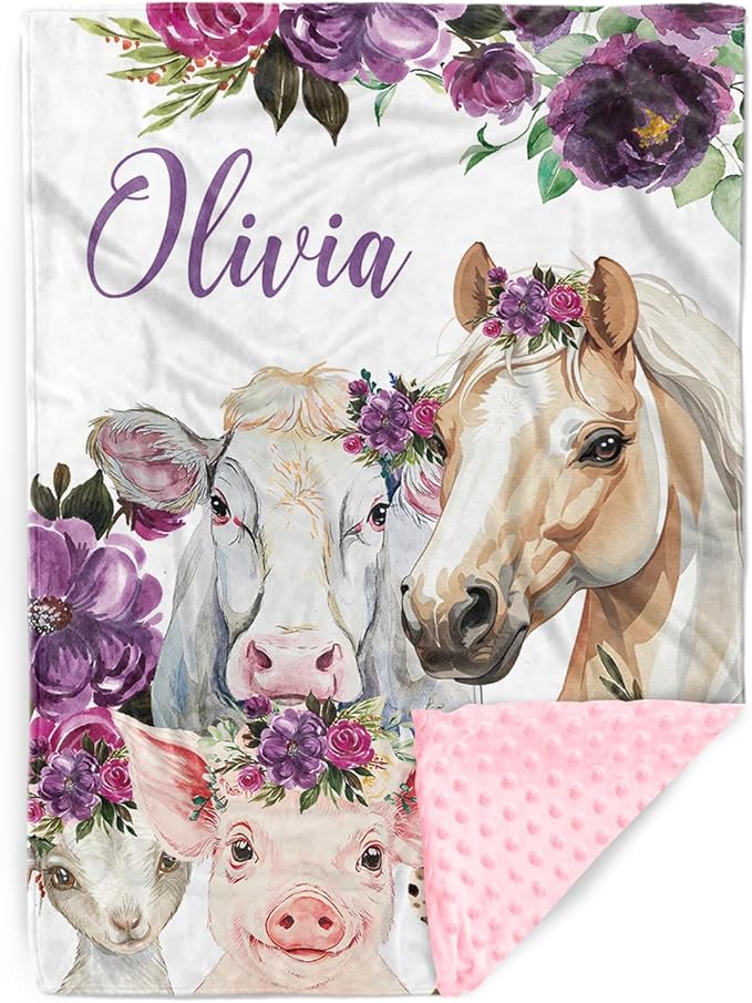 Custom Baby Blanket with Name, Horse and Animals Design, Soft Flannel with Double Layer Dotted Backing, Receiving Swaddle Blanket Suitable for Infants and Toddler