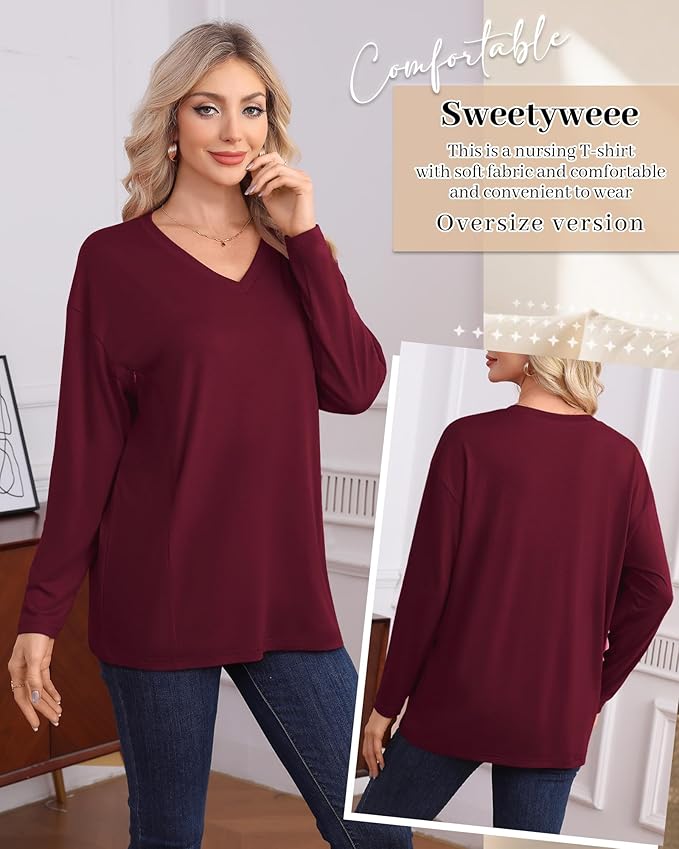 3 Pack Women's Oversize Nursing Shirts for Breastfeeding with Hidden Zippers Loose Fit Long Sleeve Maternity Tops