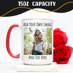 Personalized Coffee Mug 15 Oz, Custom Picture Text or Logo Ceramic Mug, Customized Gift for Men & Women, Taza Personalizada with Photo and Words, Customizable Large Tea Cup | White - Red