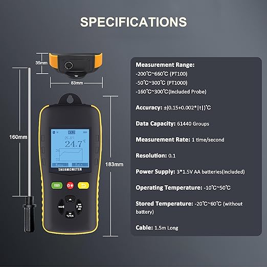Tzone RTD Temperature Data Logger USB with Probe, PT100 Thermometer Logging Calibrated Digital Industrial Temp Logger with 61440 Recordings and Sound Alarm for Freezer Lab HVAC (-160℃ to 300℃)