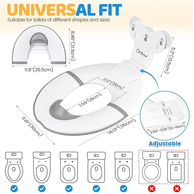 Orzbow Foldable Potty Training Seat, Toddler Toilet Seat for Travel with Suction Cups for Adult Toilets | Firmly Adhere and Adjustable Length | Non-Slip with Splash Guard, Easy to Clean, White
