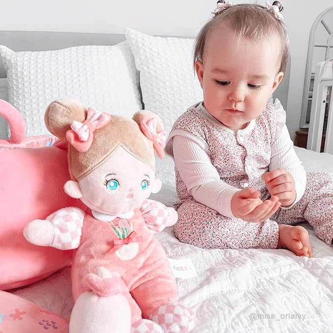 OUOZZZ 10" Soft Baby Doll Set with Plush Doll, Bassinet, Blanket and Bottle, Baby Doll Accessories Pretend Playset Emotional Social Doll for 2 Year Olds Girls Christmas Birthday Gift