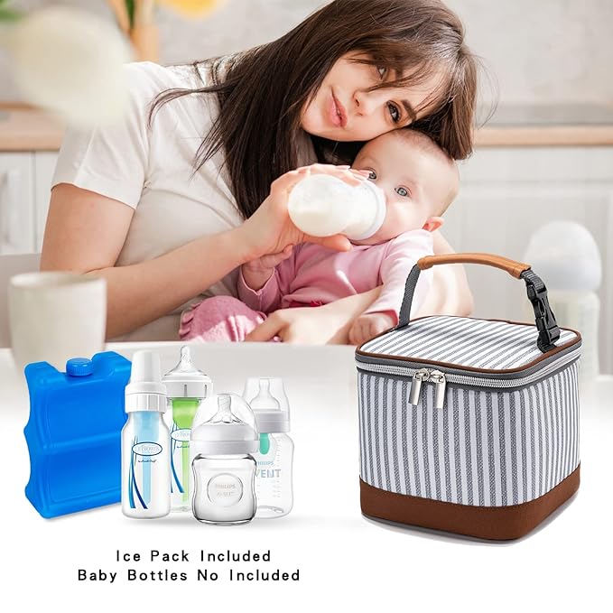 Breastmilk Cooler Bag with Ice Pack Fits 4 Baby Bottles Up to 5 Ounce, Baby Bottle Cooler Bag Great for Nursing Mom Daycare, Straps