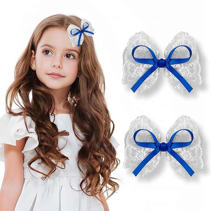 2pcs Blue Hair Bows for Girls, White Lace Bow with Blue Ribbon, Alligator Bow Hair Clips, Handmade Hair Accessories for little Girls