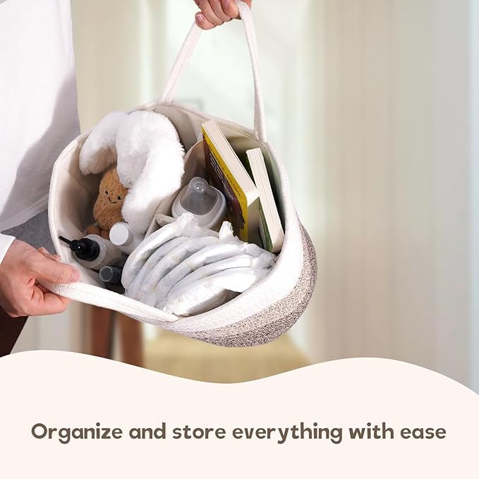 Baby Diaper Caddy Organizer, Large Cotton Rope Nursery Diaper Basket, Changing Table Organizer, Portable Tote Bag with Divider, Car Storage, Baby Shower Gifts for Newborn Girls - Gradient Brown