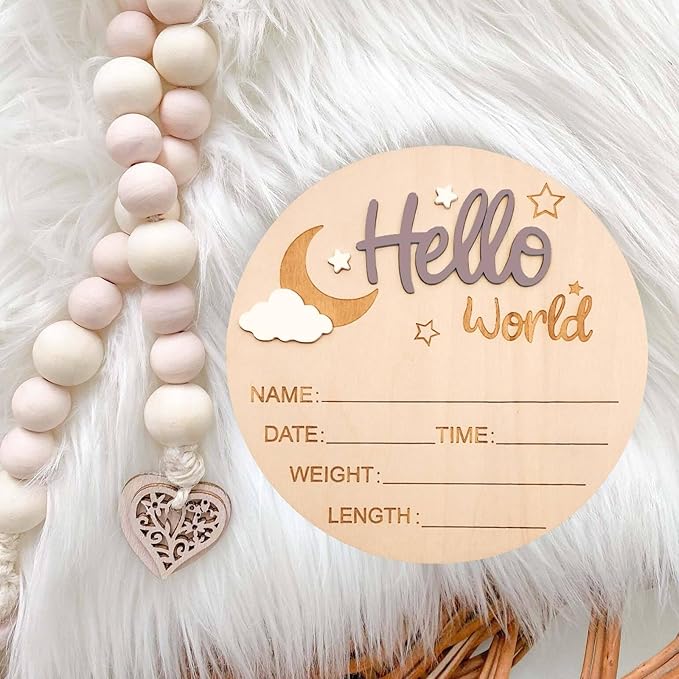 Baby Announcement Sign, 5.9 Inch Wooden Hello World Newborn Signs, Birth Announcement Sign and Pen, Moon and White Cloud Decoration, Welcome Newborn Arrival to World, Hospital Nursery for baby (Light Brown)