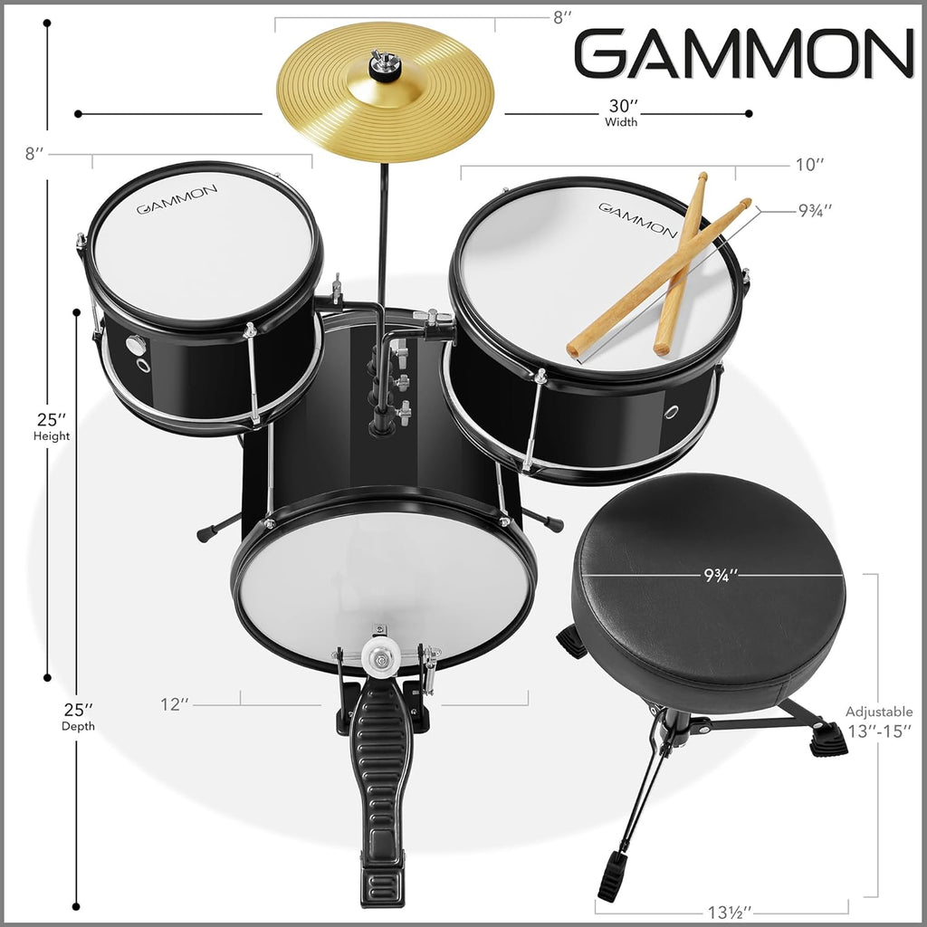 Gammon 3-Piece Junior Drum Set with Throne - Black, Complete Beginner Kit with Bass Drum, Toms, Cymbal, Pedal, and Drumsticks
