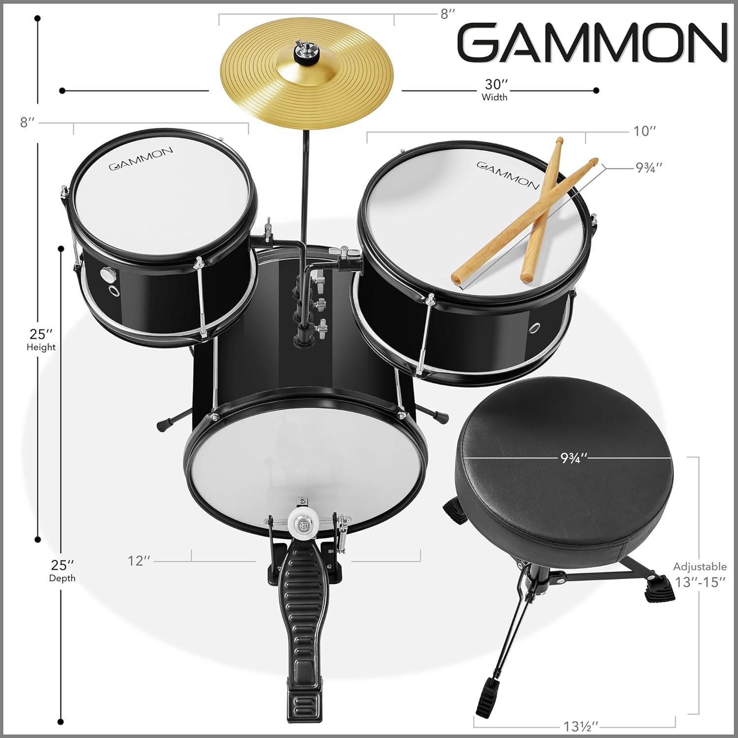 Gammon 3-Piece Junior Drum Set with Throne - Black, Complete Beginner Kit with Bass Drum, Toms, Cymbal, Pedal, and Drumsticks