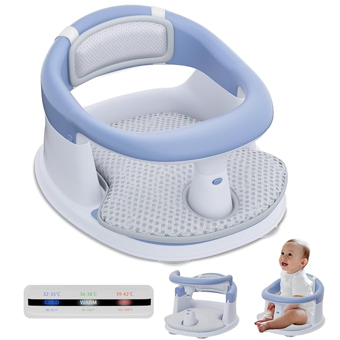 Baby Bath Seat-for Babies 6 Months & up with Temperature Alert+Soft Cushion+Suction,Toddler Bath Seat for Baby, Sitting Up with Baby Bathtub Seat, Blue
