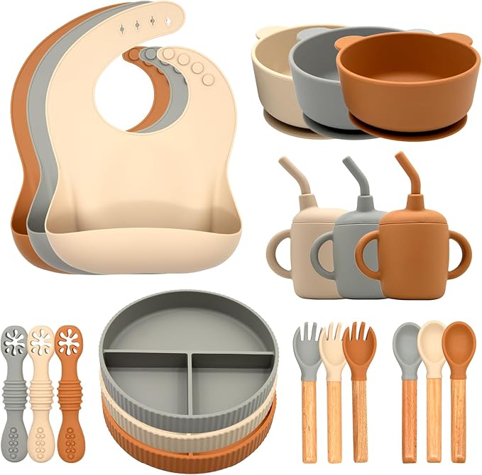 Silicone Baby Feeding Set 21 Pcs, Baby Led Weaning Supplies, Baby Feeding Supplies Set BPA Free, Essentials for Newborn Gift Walnut Color, Beige, Smoky Gray